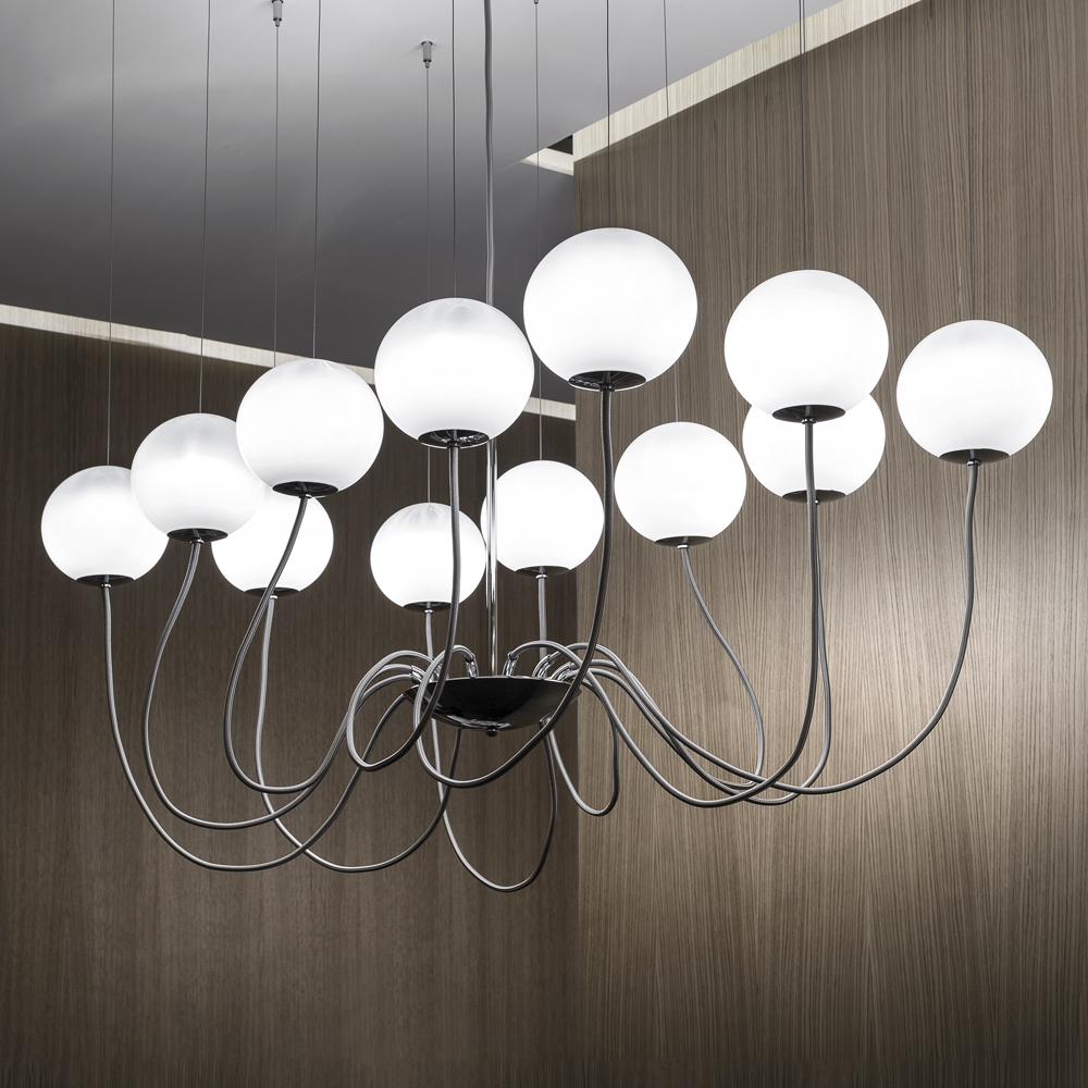 puppet vistosi lighting chandelier romani saccani architetti associati blown glass diffuser stainless steel adjustable arms italy shop suite ny