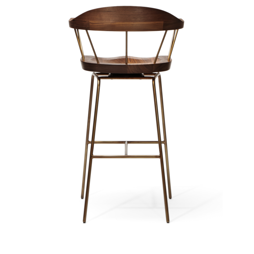 spindle chair stool bassamfellows bar counter walnut american made handcrafted brass spokes designer furniture dining seats interior design solid wood matteo mendiola back shop suite ny