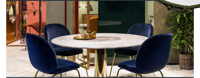 Gubi table 2.0, blue velvet, Beetle Chairs, Gamfratesi, brass, marble