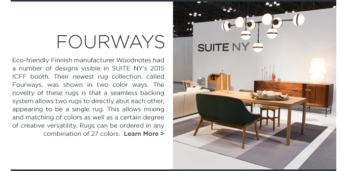 SUITE NY, Woodnotes, Fourways, rug, eco-friendly, paper yarn, wood, fabric, textiles, color block, modern, design, ICFF 2015