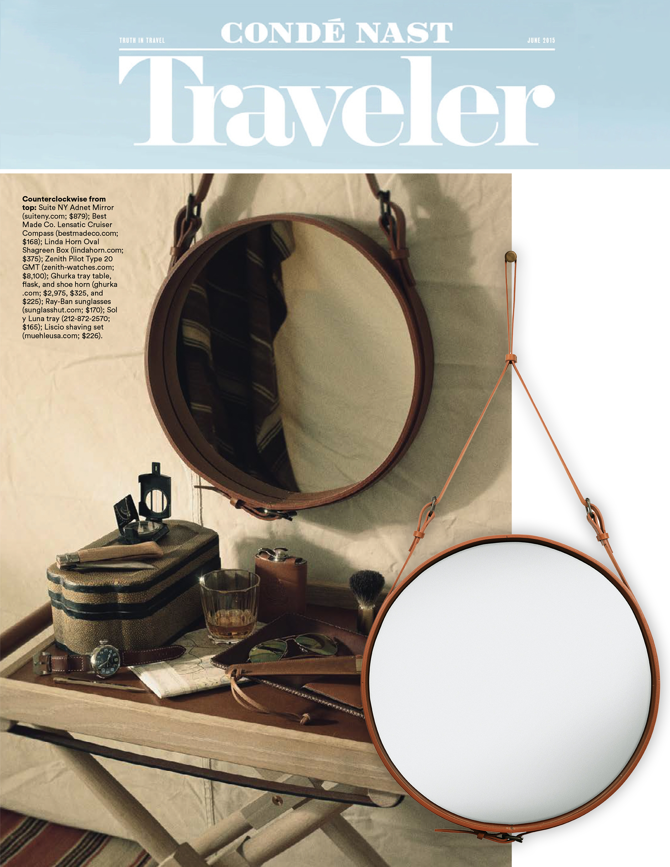adnet mirror, adnet, jacques adnet, gubi, iconic design, leather mirrors, round mirrors, mirrors, accessories, home accessories, luxury home accessories, cognac leather, conde nast traveler, june 2015, the things we carried, suite ny, suiteny, suiteny.com, suite new york